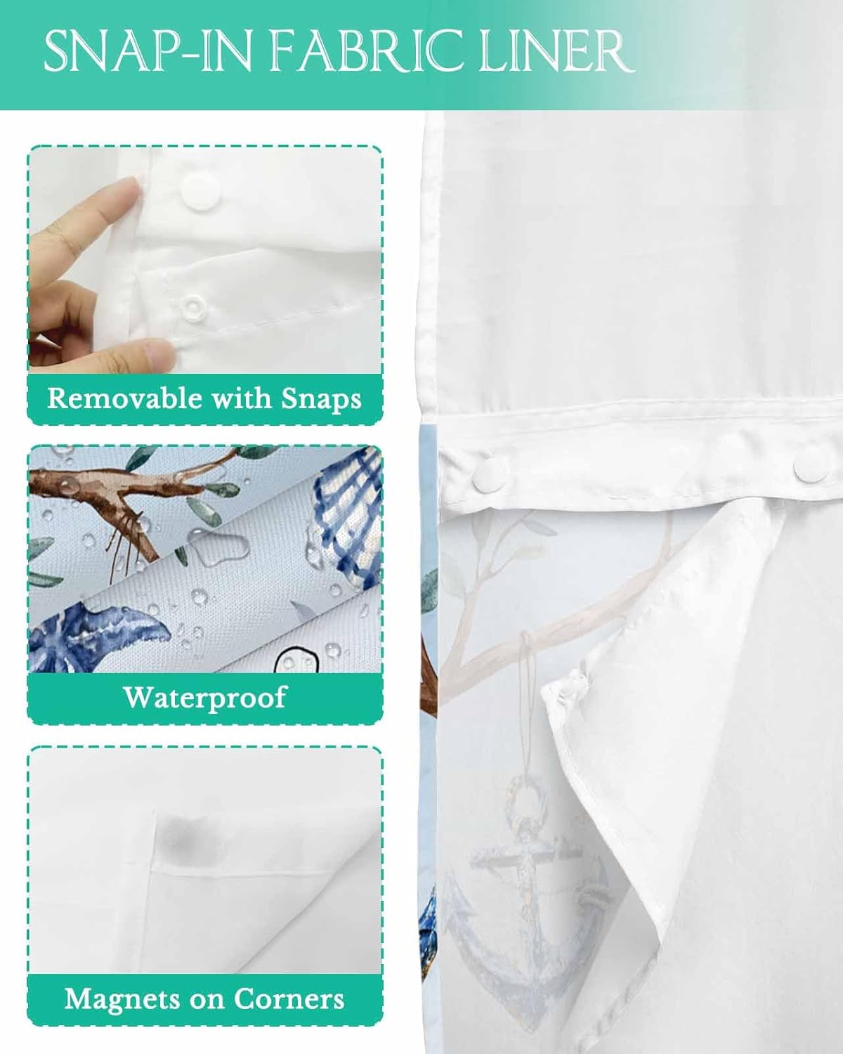 Shower Curtain with Snap-in Fabric Liner Set Blue Ocean Gnome No Hooks Bathroom Curtains with See Through Top Window Coastal Starfish Shell Waterproof and Washable 36X72 inch