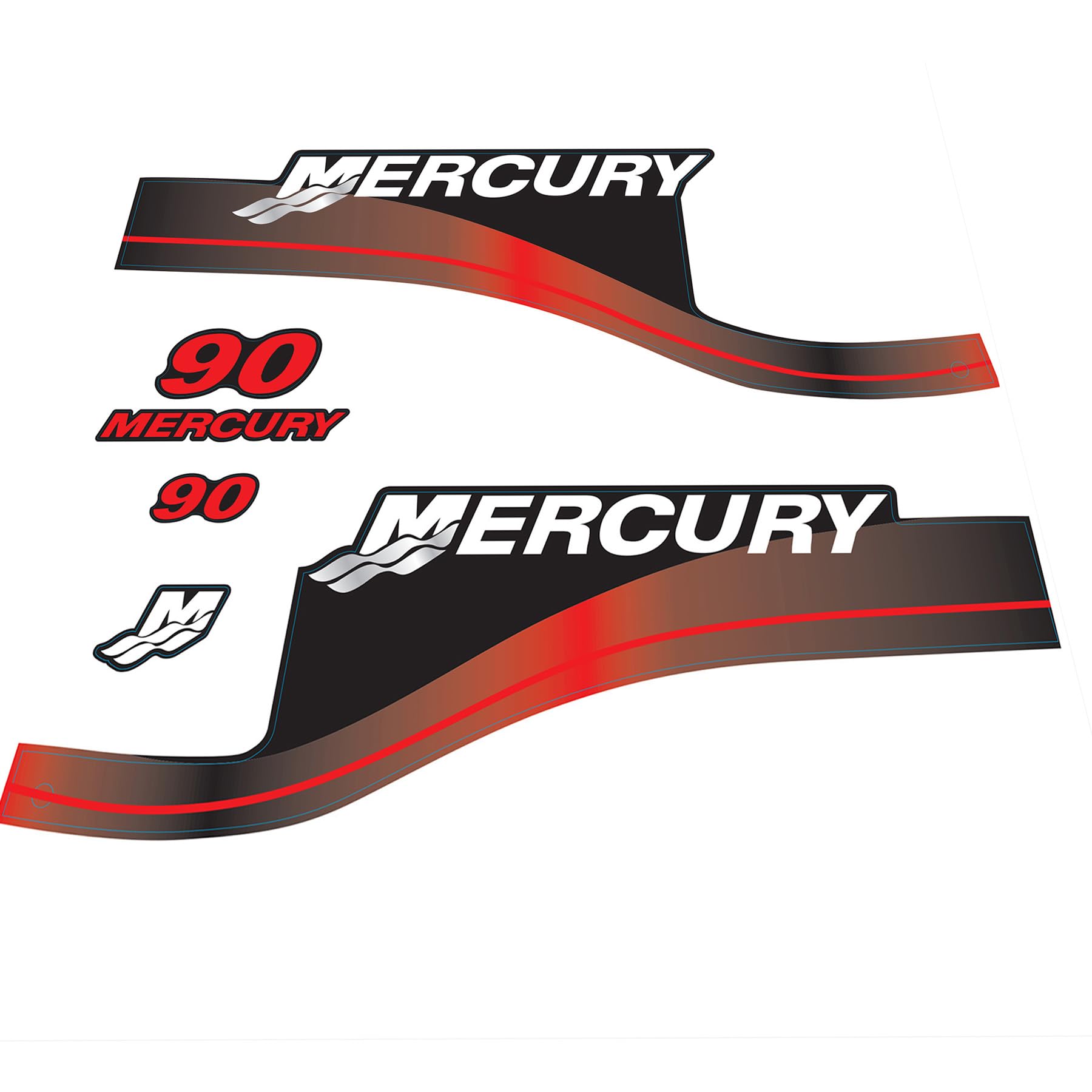 Décalcomanies pour moteur hors-bord Mercury 90 HP 2 temps ROUGE Decal Kit Reproduction 90 HP 2 temps