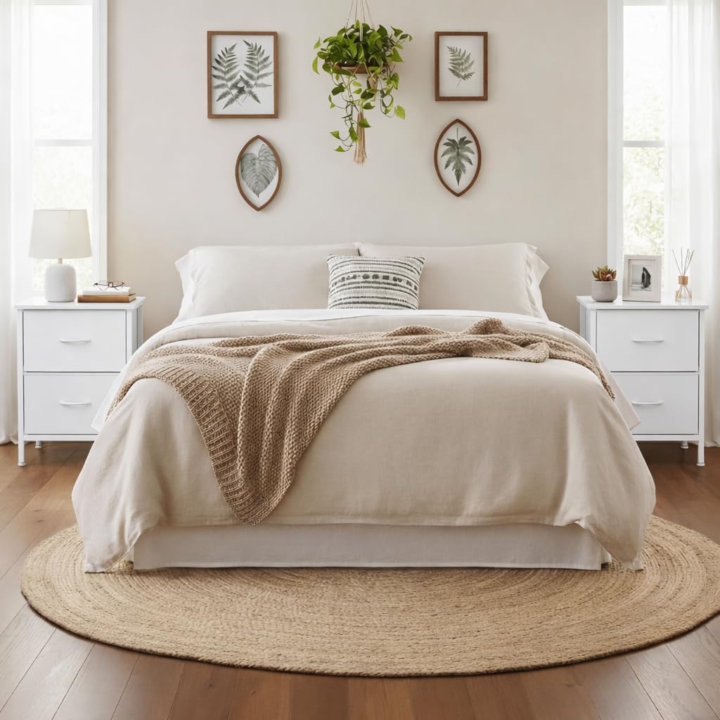 HOMIDEC Mesita de Noche, Juego de 2 Mesitas de Noche con Estructura de Metal y 2 Cajones de Tela de Gran Capacidad para Dormitorio, Salón, Color Blanco, 42 x 30 x 55 cm