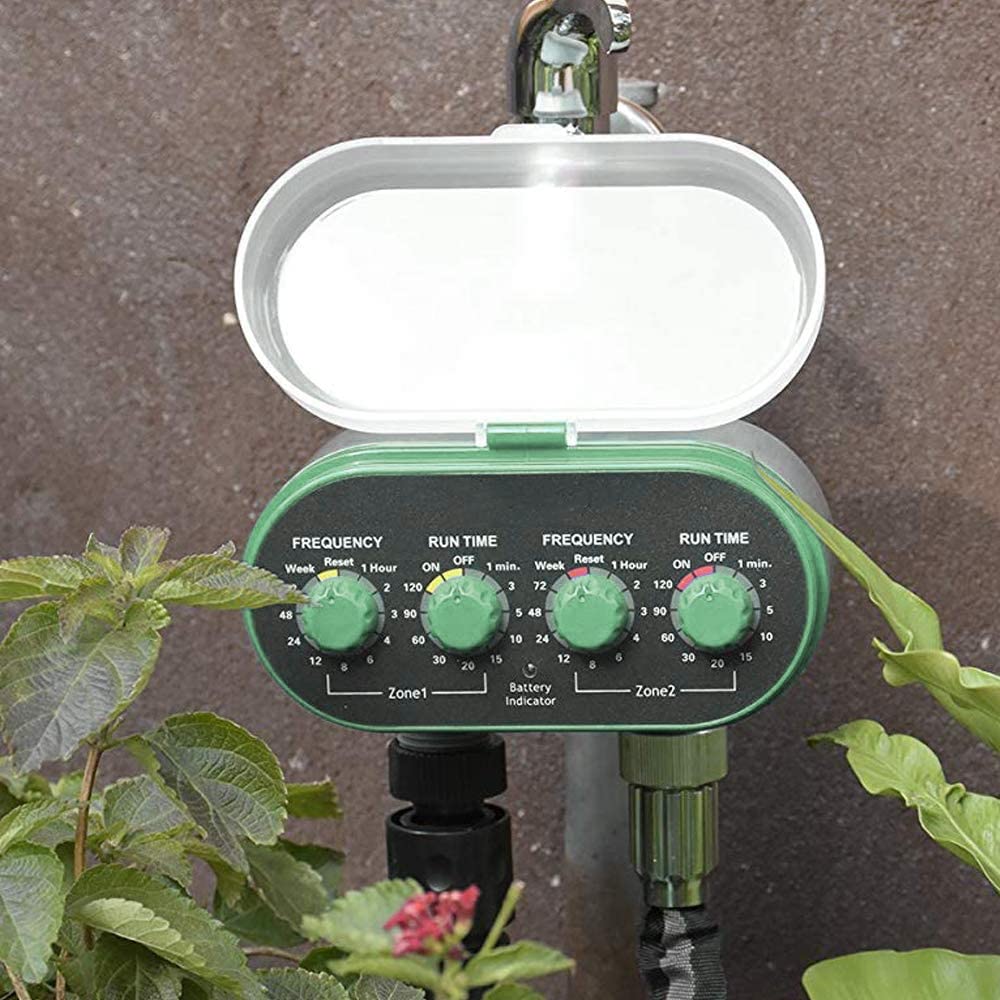 Timer automatico per irrigazione da giardino Doppia uscita per un controllo efficiente Due settori contemporaneamente. Configurazione facile con due ruote per tempo di ciclo e irrigazione.