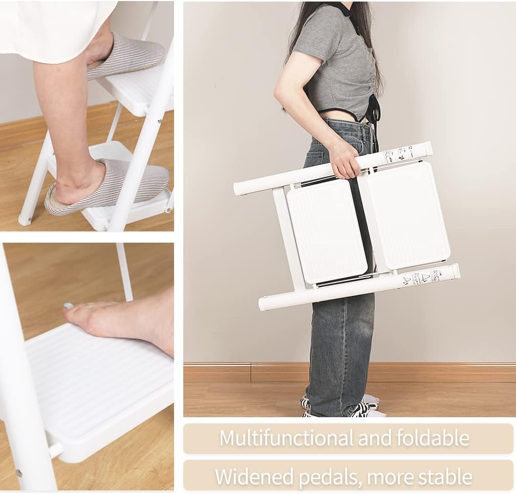 Hershii Lightweight Step Ladder 2 Setp Folding Stool Heavy Duty Stepladder with Wide Anti-Slip Pedal Home Kitchen Plant Stand Ladders Shelf Bookcase Storage Rack - White