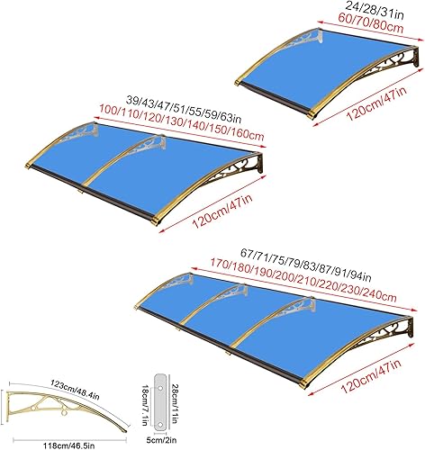 Miniatura 5 de Cubierta de policarbonato curvada azul, cubierta de aleación de aluminio, refugio de lluvia para ventana del hogar, toldo de ventana de puerta,
