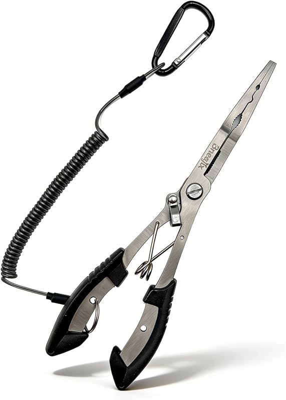 Professional 8.4“ Fishing Plier with Safety Lock and Anti Loss Rope | Multi-function long nose hook remover, line cutter, crimper; rustproof stainless steel for saltwater & freshwater fishing