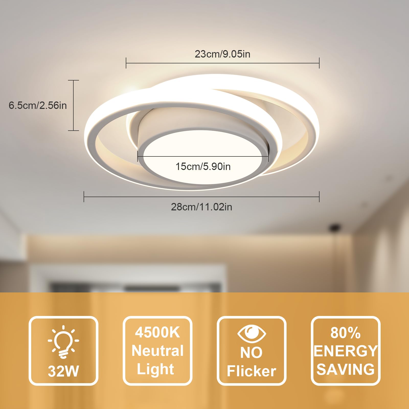 Comely Pack de 2 Plafones LED 32 W – 2350 lm c/u – Luz Natural 4500 K – Blanco Redondo Moderno Ø 27 cm – Ideal para Salón, Cocina, Pasillo y Baño