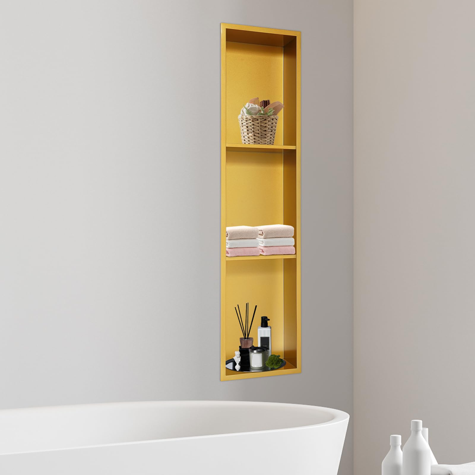 Étagère de douche encastrée or 3 niveaux niche murale 94x23 cm