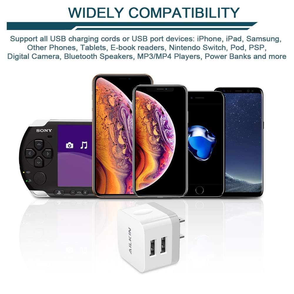 AILKIN - Cargador de pared USB de 2 puertos USB de 2,4 A para iPhone XR XS MAX X/8/7, iPad, Samsung, LG, Pixel | Power Cube - Base de carga rápida para iPhone 17 Air 16e 16 15 14 13 12 Pro Max SE 11 Samsung, bloque de carga de teléfonos