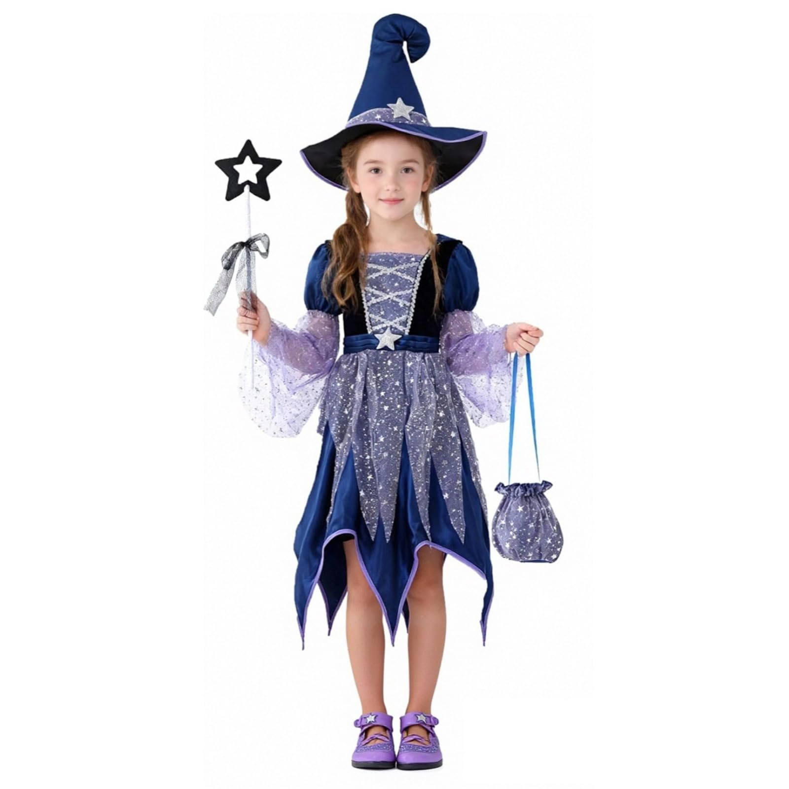 Girls Witch Costume Set Kids Halloween Cosplay Party Dress Up Toddler Fancy Dress Birthday Cotton Outfits with Hat, Magics Wand and Candy Bag Aged 3-15 Years — image 1