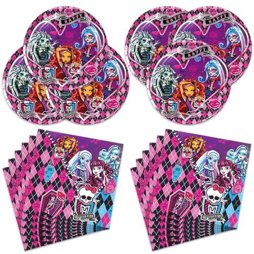 Gothic Monster Doll Party Supplies 40PCS Pink Argyle High Themed Disposable Tableware Set 7 Inch Gothic Girl Paper Plates 6.7 Inch Napkins for Spooky Birthday Halloween Baby Shower Party Decor