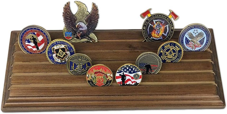 AtSKnSK 5 Row Military Challenge Coin Holder Display Stand Rack - Holds 35-40 Coins, Walnut Finish