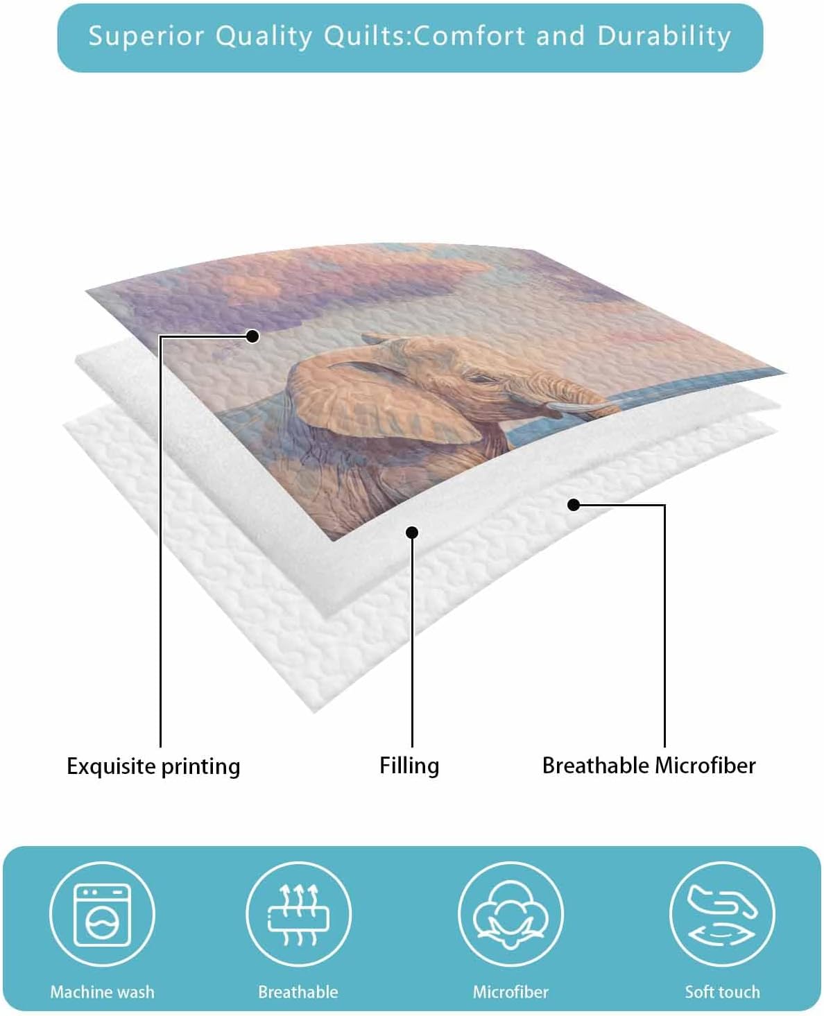 Twin XL Quilt Set, Elephants Mother Child on Beach Lightweight Soft Microfiber Summer Bedspread Coverlet with 2 Pillow Shams, Indian Animal Landscape 3 Piece Bedding Set for All Seasons