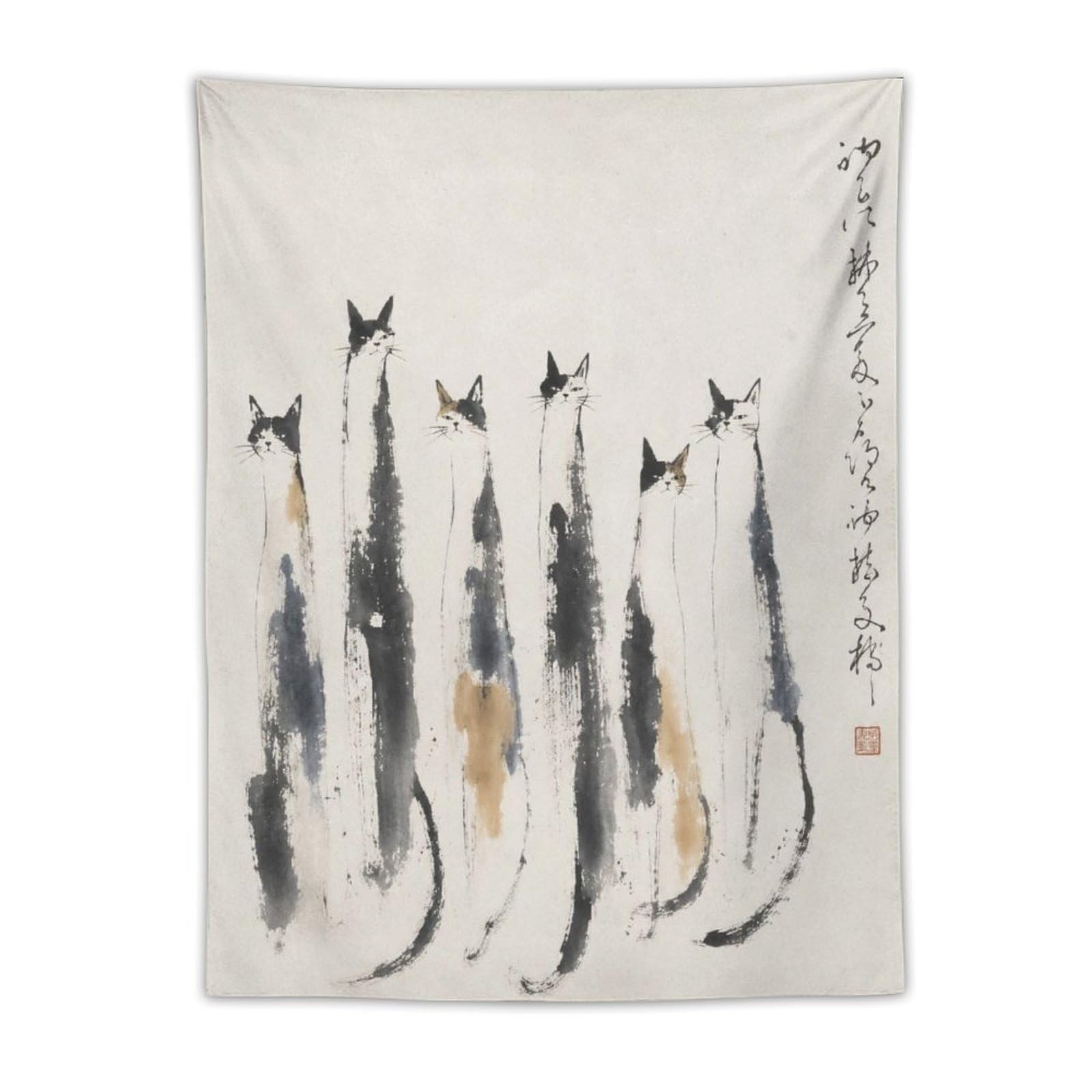 W7C8U2X3 Ink Cat Lineup Wall Tapestry, Asian Ink, Minimal Asian Art