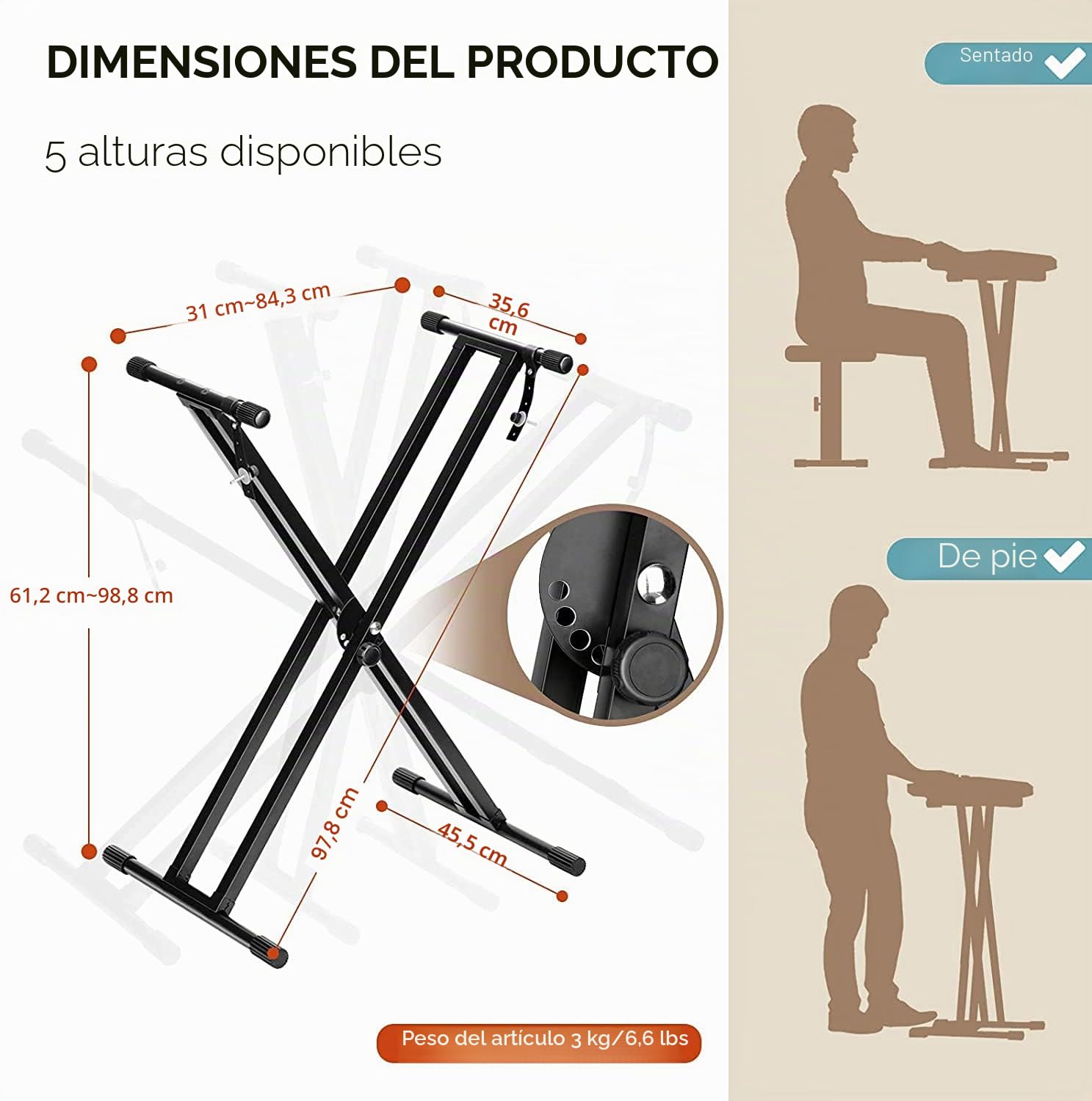 CAHAYA Soporte de Teclado de Doble Refuerzo Soporte para Teclado Musical Electrónico con 5 Niveles de Altura Regulable para Piano Digital de 61 76 88 Teclas Modelo CY0245