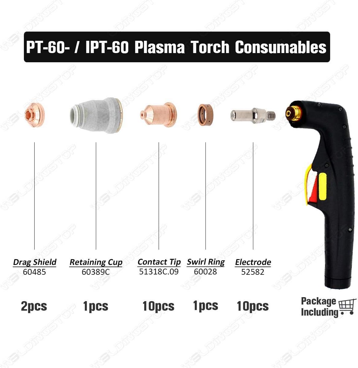 Electrode 0.9mm Contact Tip Retaining Cup Drag Shield for Ipt-60 Plasma Cutting Torch QTY-24