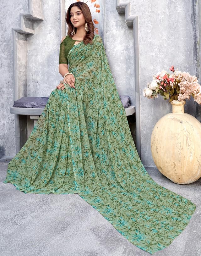 Image of SIRIL Women's Printed Georgette Saree with Unstitched Blouse