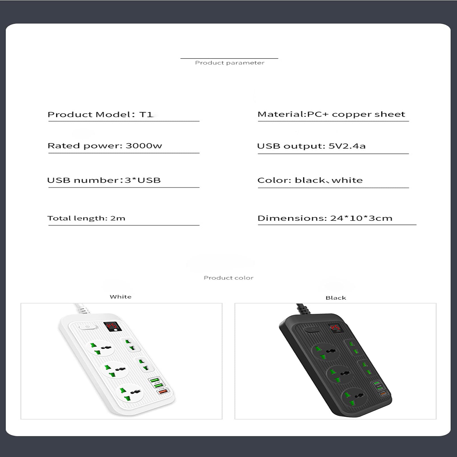 Multipresa, Multipresa Elettrica Con USB Ciabatta Con 5 Prese Elettriche E 3 Porte Di Carica USB Un Interruttore Di Controllo Con Protezione Da Sovraccorrente 3000W 16W 5V 16A Cavo 2M,Black+white