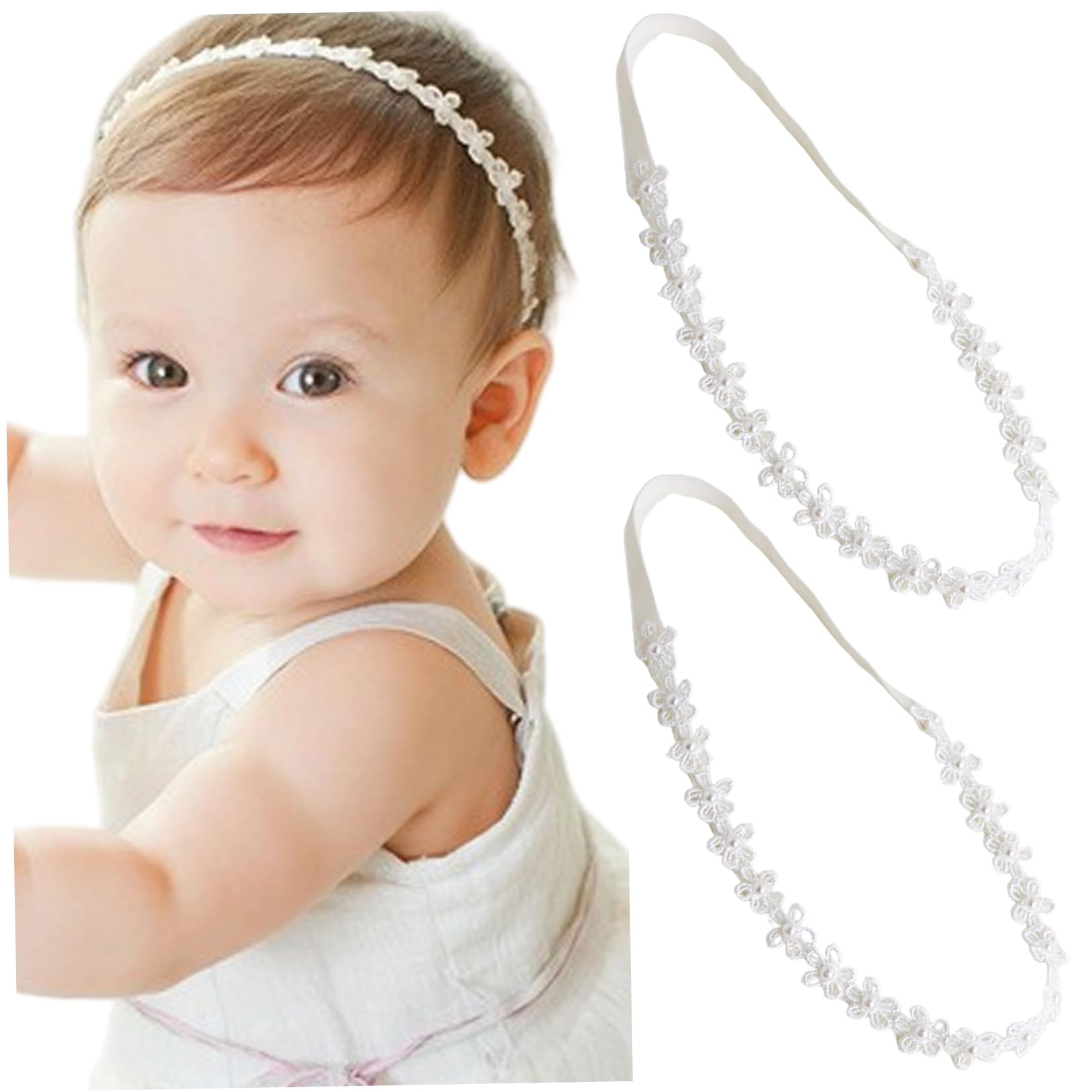 2Pcs Baby Girl Headbands, Elastic Lace Baby Hair Accessories with Flowers & Pearl, Ideal for Newborns..