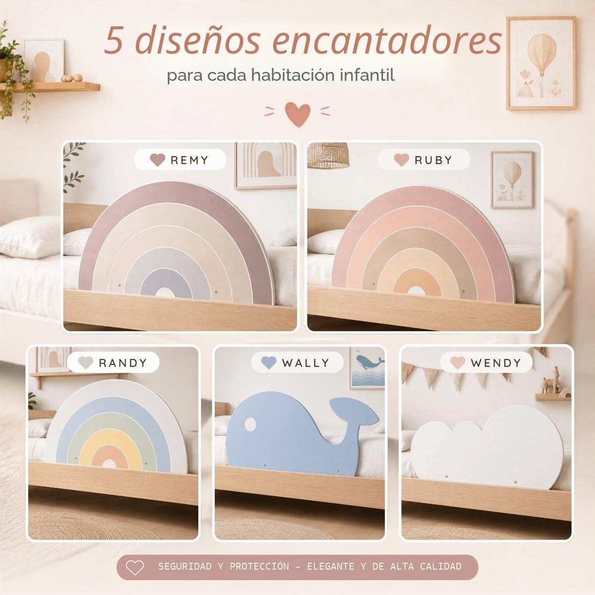 Barrera anticaídas de madera en bonito diseño para niños, barandilla anticaídas Remy para habitación de los niños, barandilla de protección para cama infantil, cama de hasta 200 cm, bonita