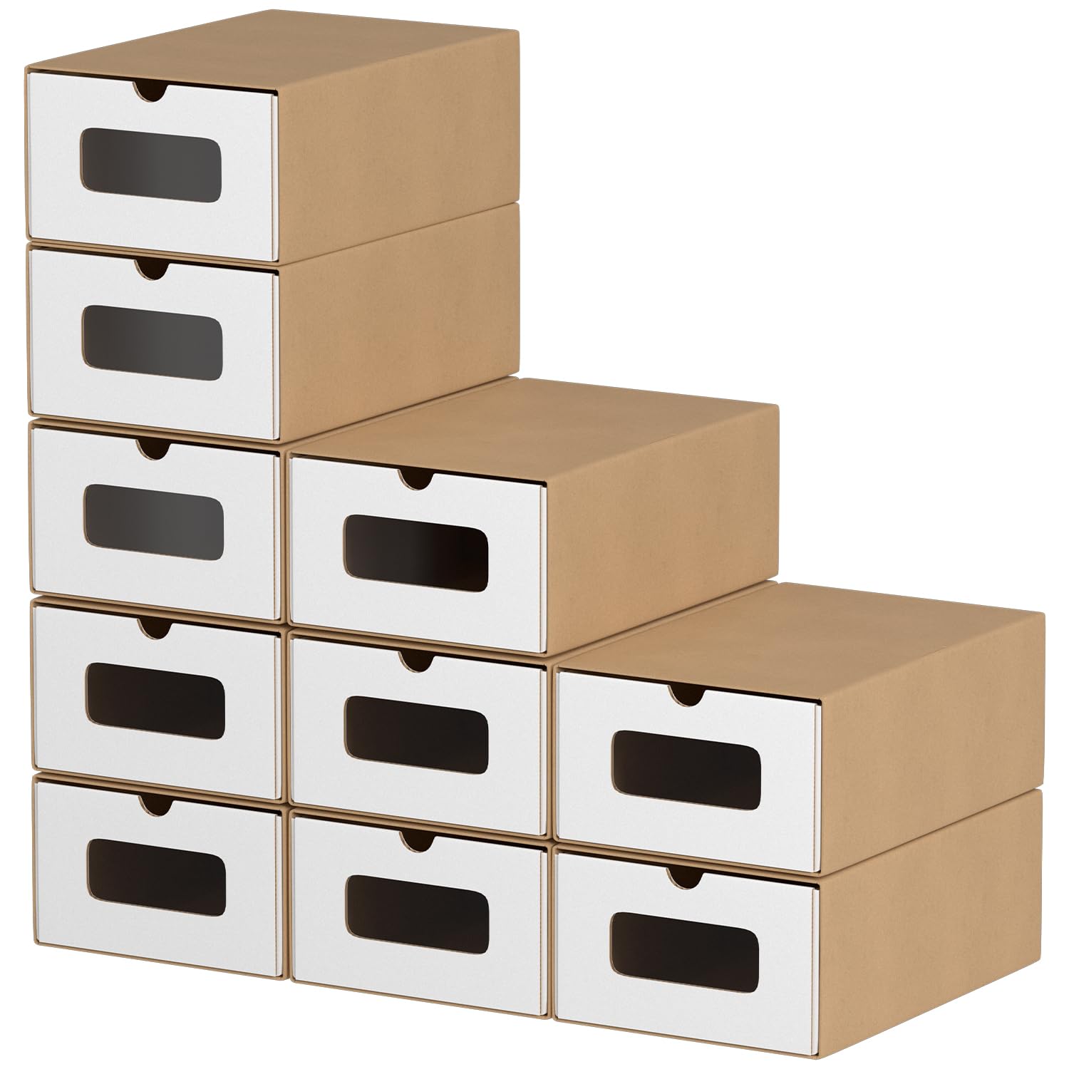 20 x portascarpe bianco/marrone con finestra – Scatola pieghevole 35 x 23 x 13,5 cm, impilabile, scatola per scarpe, cassetto, scatola multiuso in cartone kraft fino a 45