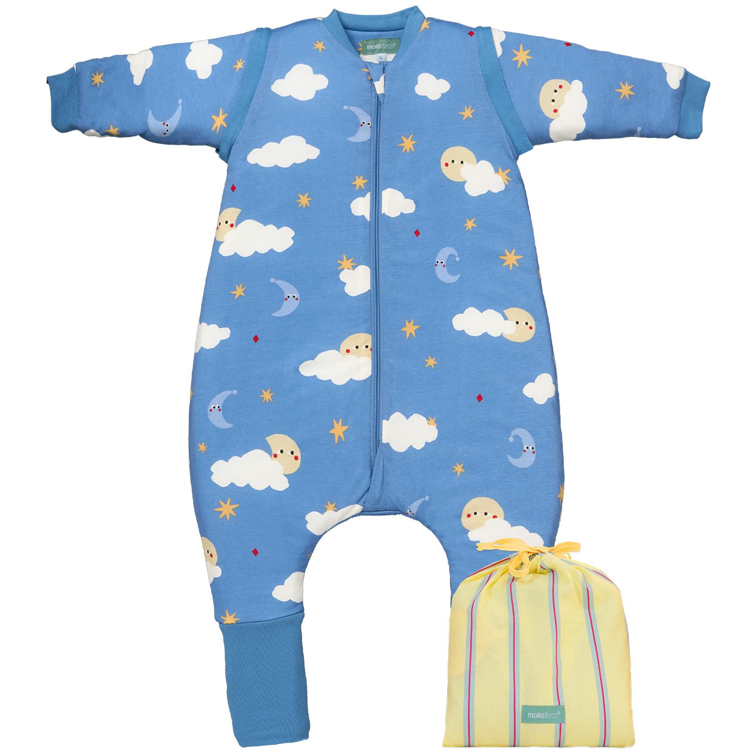 molis&co - Baby Schlafsack mit Füßen, abnehmbare Ärmel und Socken - Babyschlafsack 1 tog - Leicht gepolstert - 100% Baumwolle (Oeko-TEX 100), Premium Qualität - Good Night (90 cm)