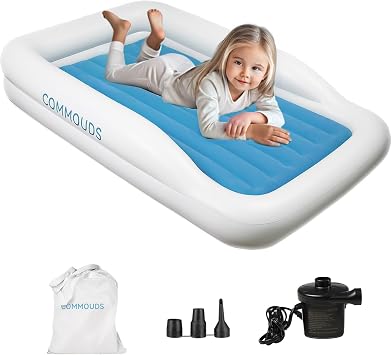 COMMOUDS Portable Toddler Travel Bed with Safety Bumpers, Inflatable Kids Air Mattress with Electric Pump, Baby Blow up Mattress, for Grandmas Home Camping Vacation