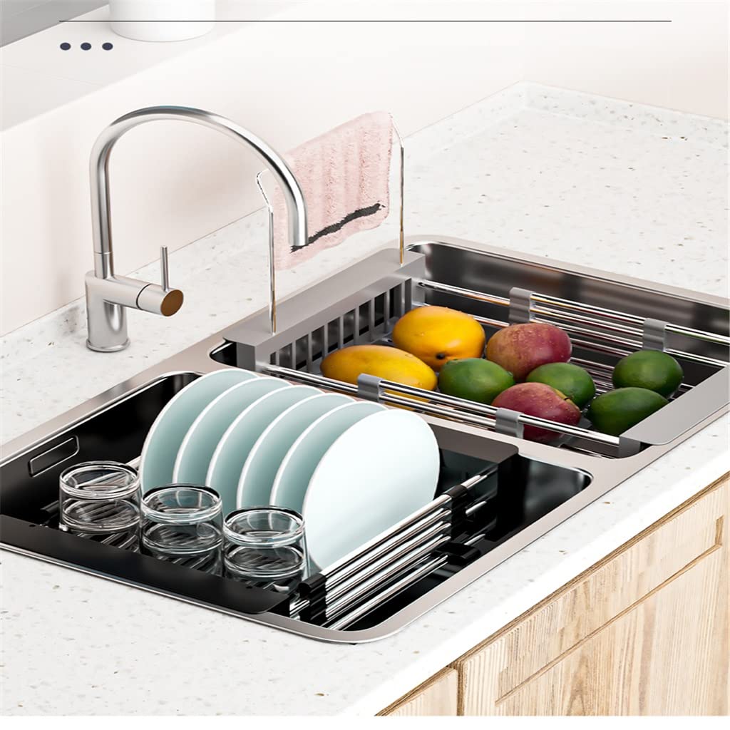 Ripiani retrattili per lavello da Cucina in Acciaio Inox, cestello scolapiatti per Frutta e Verdura, Accessori (Colore: A, Dimensioni 27 * 47,5 9 cm) (A