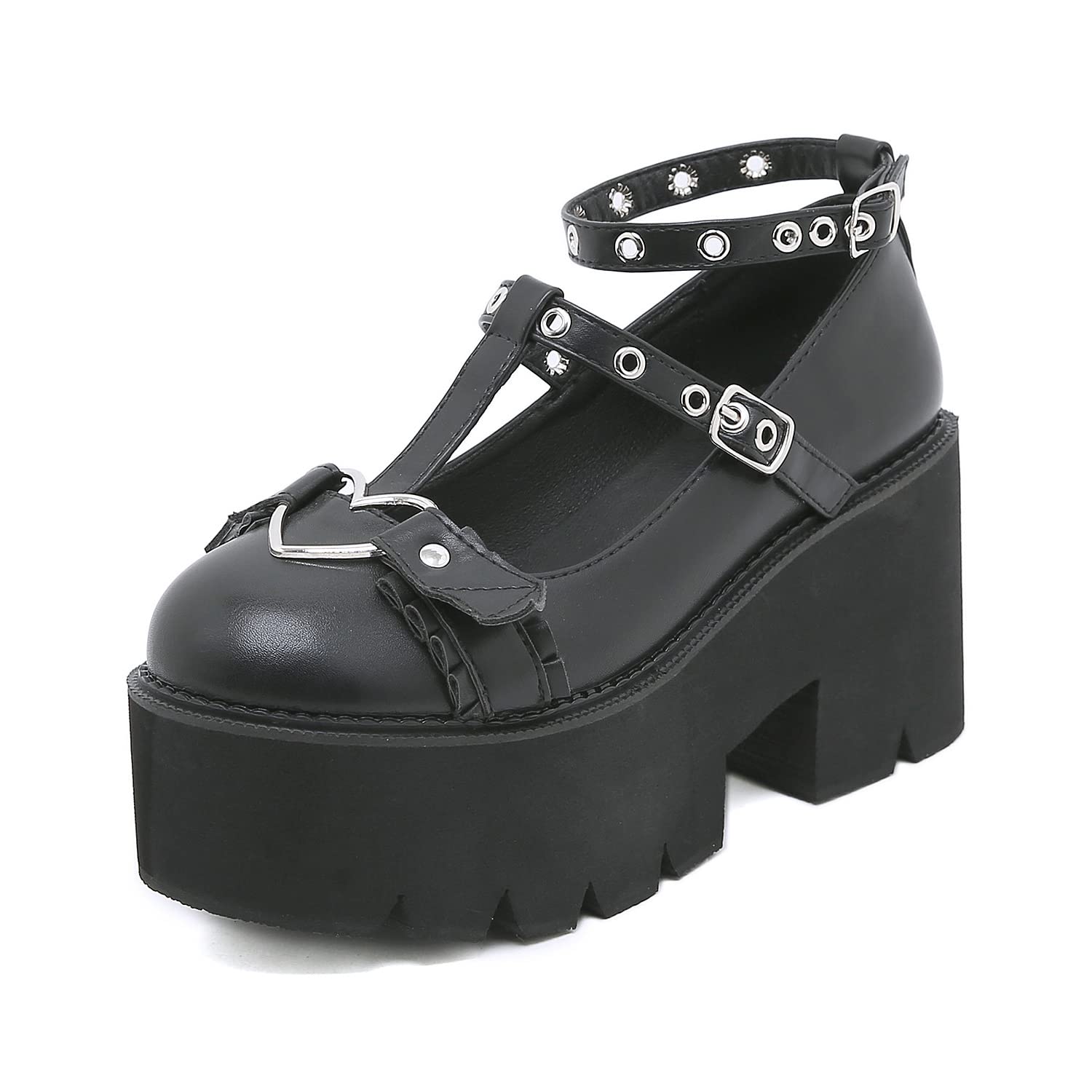 Swzecwomens Mary Janes Platform Heart Buckle Chunky Lolita Pu