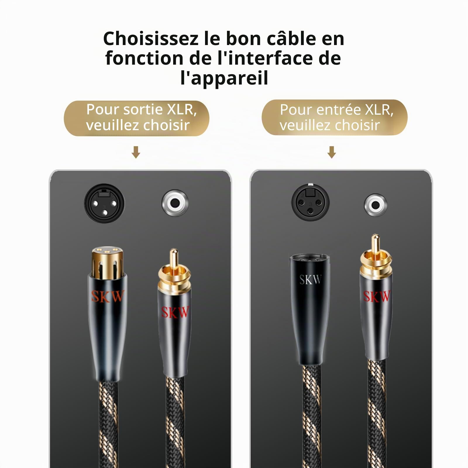 SKW Audiophile Câble en cuivre haute pureté RCA mâle vers XLR mâle, Haute Qualité, Tissage en nylon, OD:8.0mm- 1 mètre