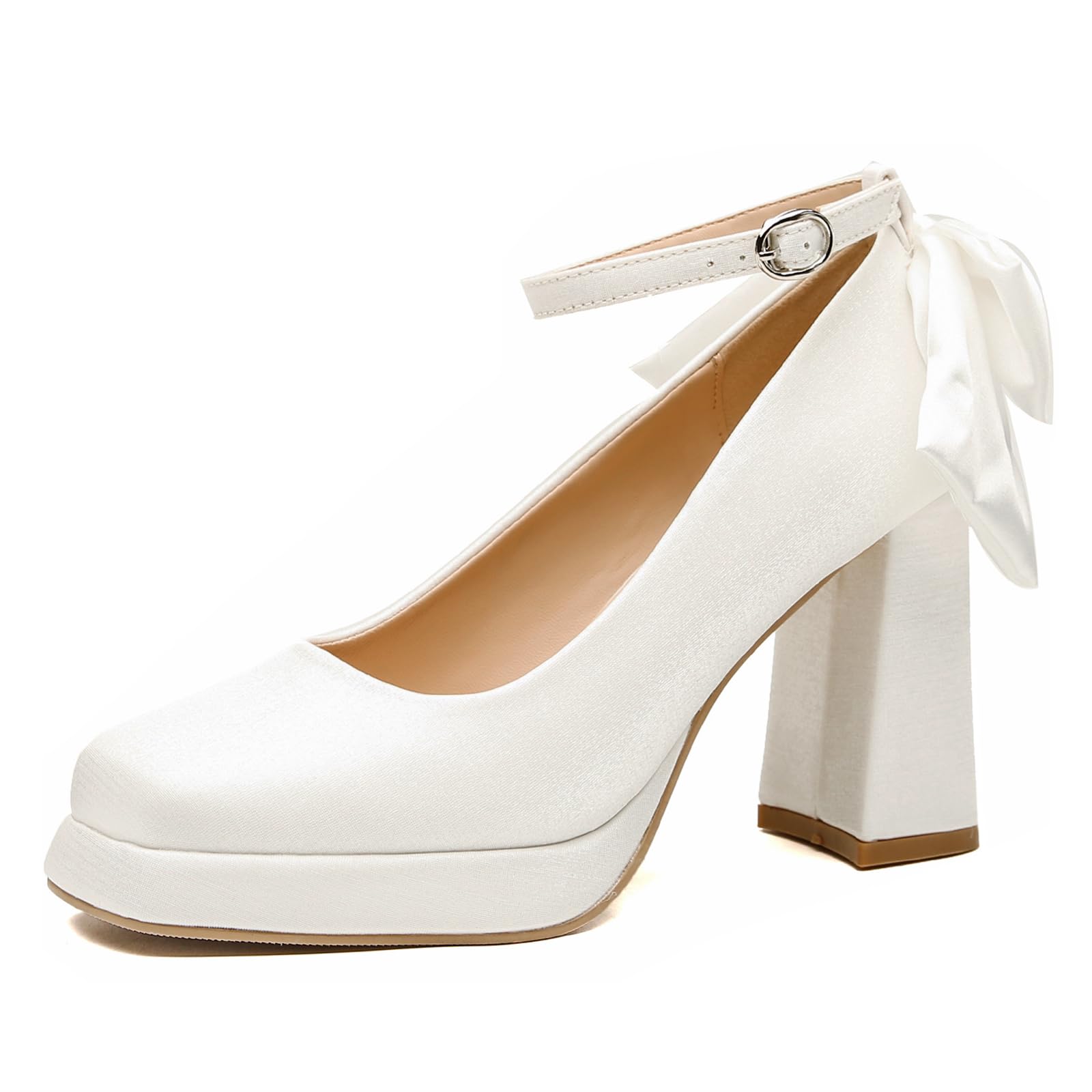 Women's Platform Chunky High Heel Pumps with Satin Bow Close Square Toe Adjustable Ankle Strap Mary Jane Heels Shoes Elegant Wedding Party Prom Dress
