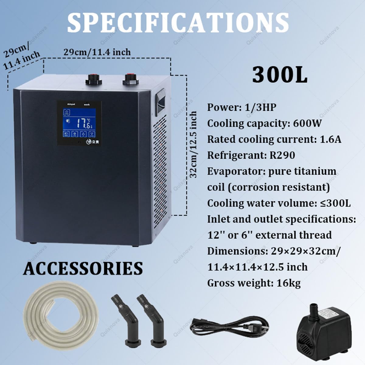 Refroidisseur d'aquarium 300 L, 600 W, 1/3 CV, équipement hydroponique avec Tuyau et Pompe à Eau pour Aquariums familiaux, Fruits de mer, marchés et hôtels.