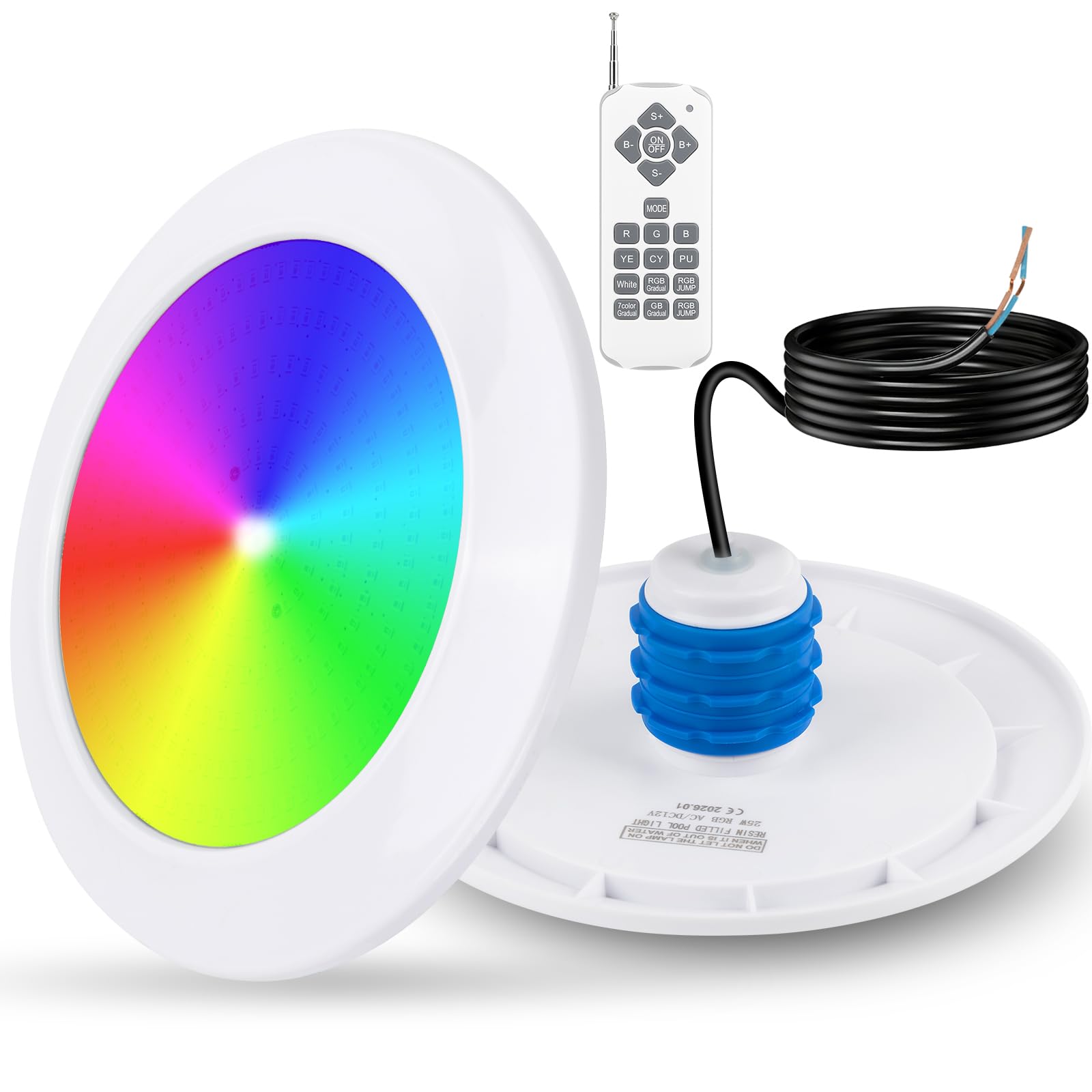 COOLWEST RGB LED Poolbeleuchtung mit 1-1/2 Zoll Außengewinde, 25W Unterwasser Licht, Ø180mm, 12V AC/DC, IP68 LED Poolscheinwerfer für Betonpools und Styroporpools