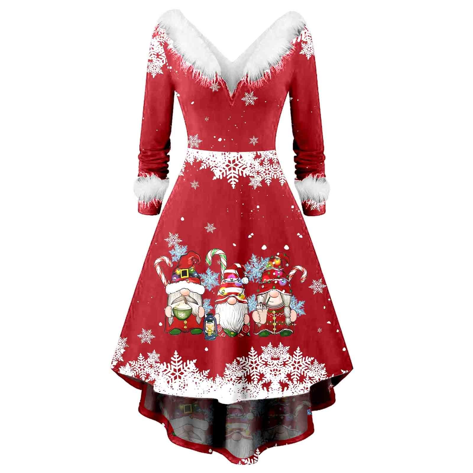 Abiti Babbo Natale Donna- Vestito di Natale Donna Maniche Lunghe Vestiti Natalizia Eleganti Abito Scollo a V Velluto Stampa Natale Sexy Costume Natalizie Costume da Babbo Natale Donna Abito da Sposa