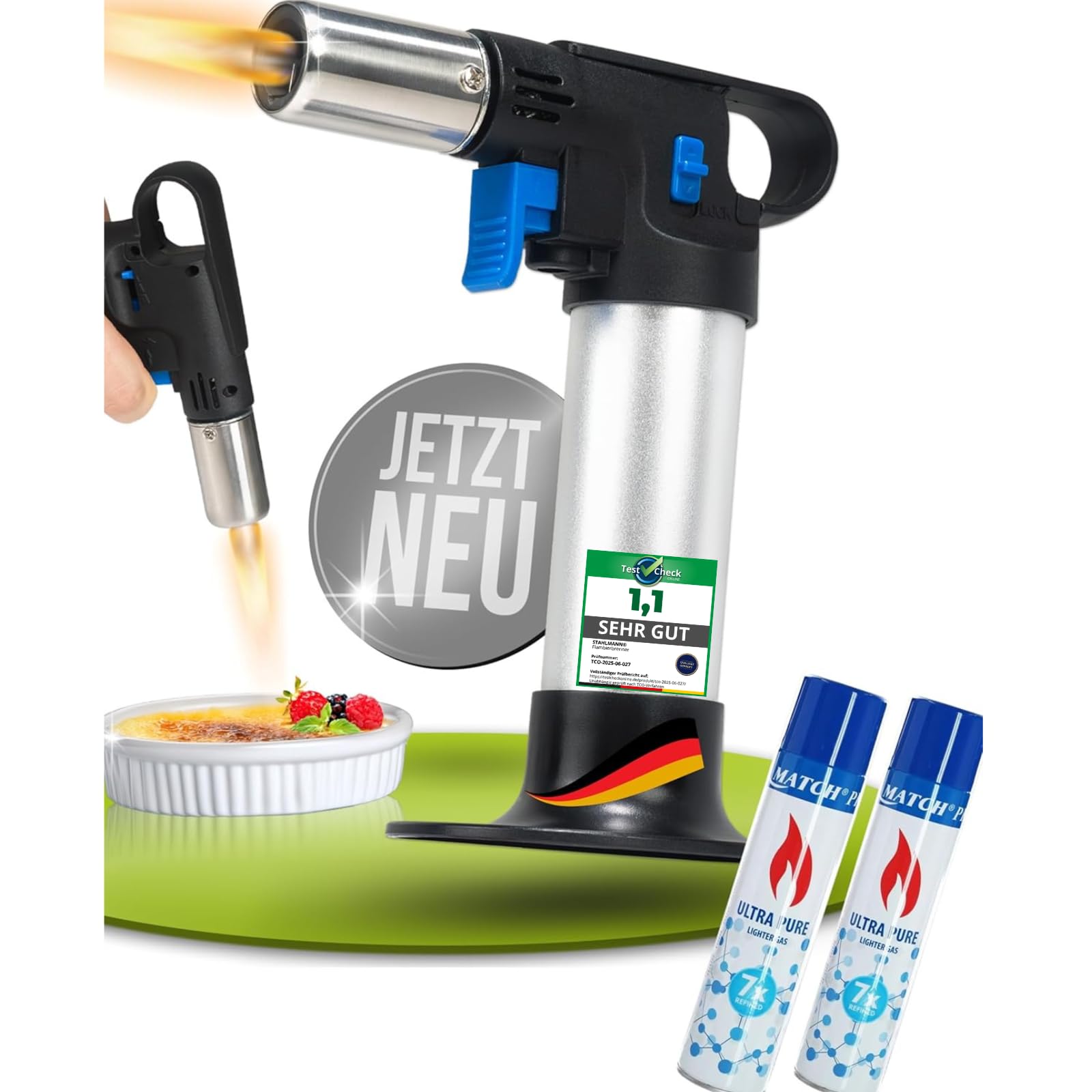 STAHLMANN® Flambierbrenner [1300°C] inkl. 2x 300 ml Gas – Premium Creme Brulee Brenner, nachfüllbar mit Sicherung – Ideal zum Karamellisieren, Flambieren & Bräunen