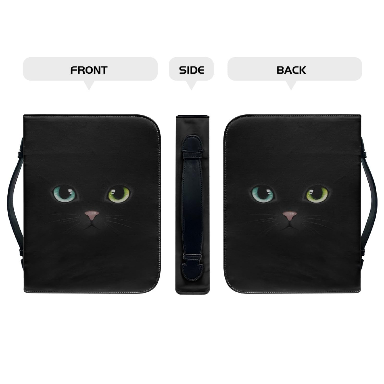 Kuiaobaty Black Cat Print Small Book Cover with Zipper and Handle 9"x6", Cartoon Kitty Book Covers Faux Leather Protective Bags - Image 4