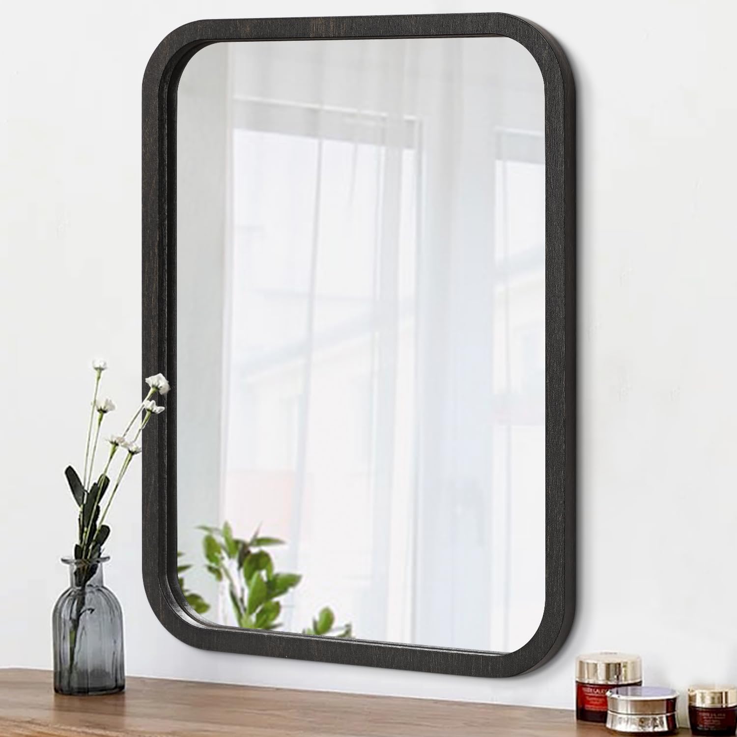 Aoaopq Ink Bathroom Mirror Wall Vanity Mirror Large Framed Rectangle Mirror Rounded Corner For Safe Use 18X26 Inch Black Gold