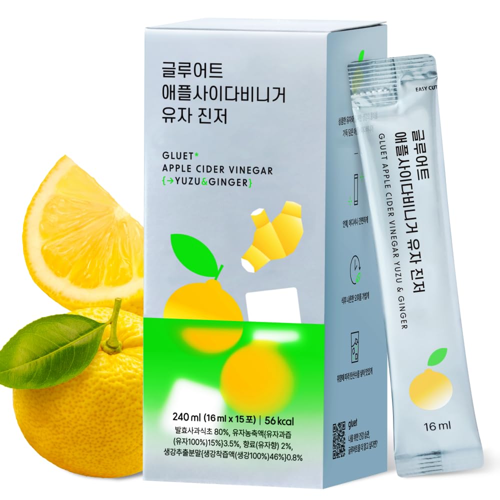 【Gluet(グルアート)】アップルサイダービネガー 16ml x 15ea, 240ml スティックタイプ りんご酢 希釈用 ドリンク 炭酸水に混ぜる 飲料 マザー入り (2, ゆずジンジャー味)