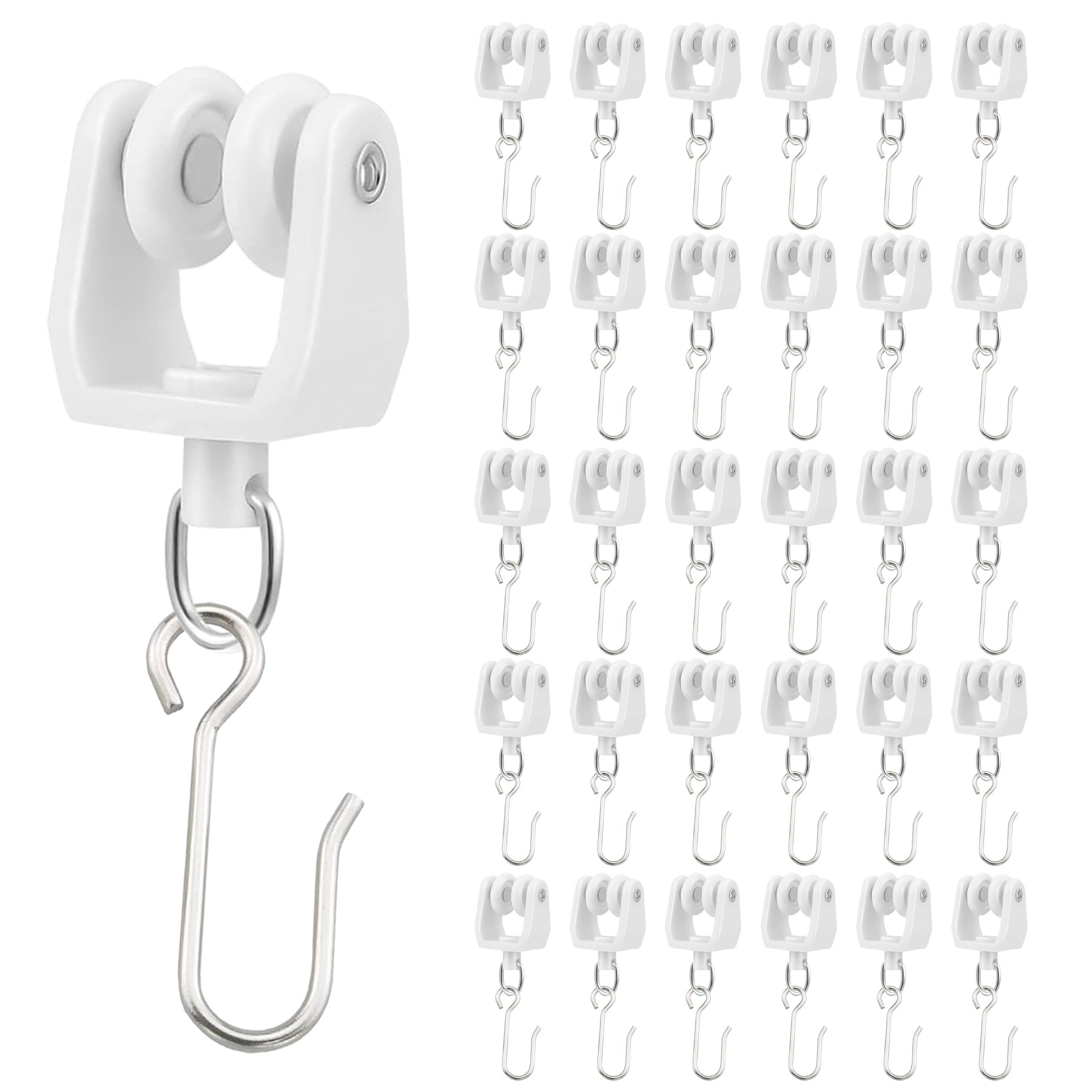 60 Pcs Heavy-Duty Smooth Ceiling Curtain Track Rollers & Metal S Hooks - White Accessories Set