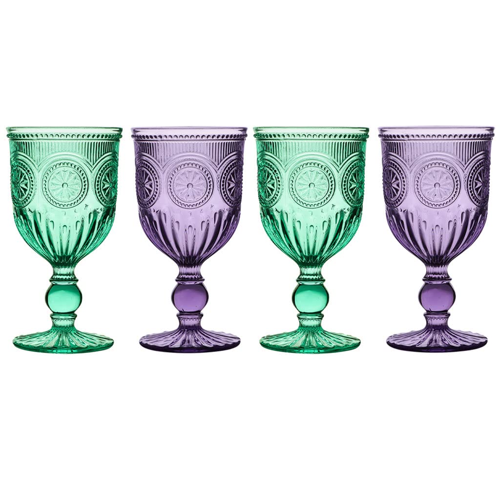 Dibor Coloured Wine Glasses, Set of 4, Green & Purple Mandala - Dishwasher Safe - 300ml Wine Goblets