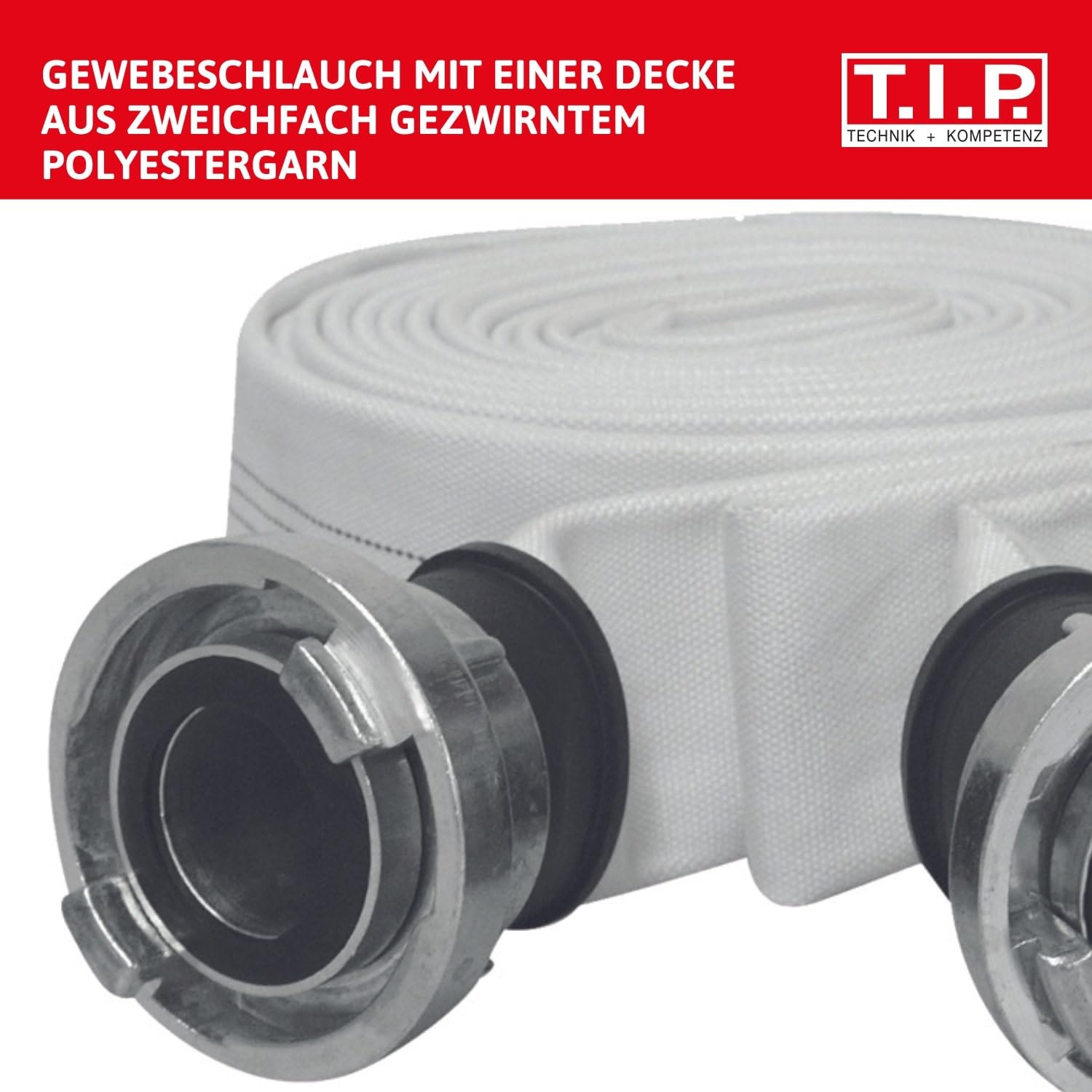 T.I.P. Bau- und Industriegewebeschlauch - Feuerwehrschlauch 15 m (mit zwei 2" C 52-Storz-Kupplungen, für alle Wasserpumpen bis 10 bar Druck, Schnellanschluss, zweifach gezwirnter Polyestergarn) 31090