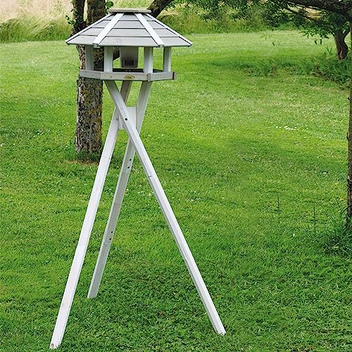 HABAU Vogelhaus mit Futtersilo und Ständer | Futterhaus für Wildvögel montiert | Silo aus Kunststoff | Sechseckiges Haus für Wildvögel (Grau-Weiß)