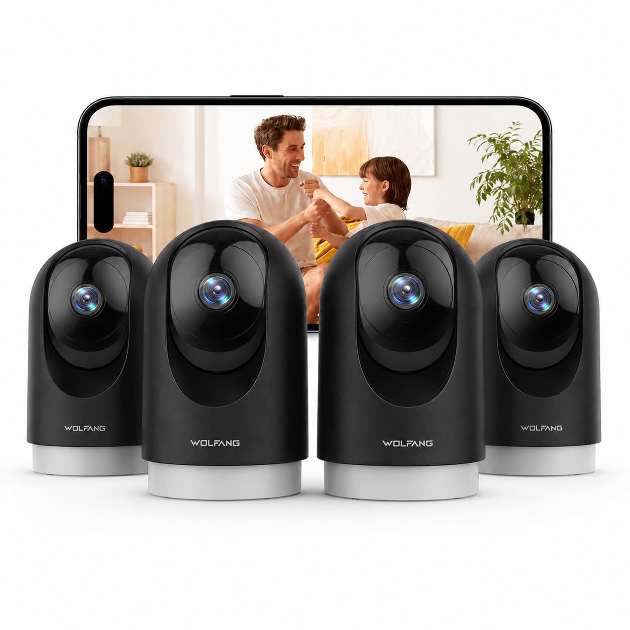 WOLFANG Kamera wewnętrzna 2K, kamera dla zwierząt domowych z wykrywaniem ruchu, Wi-Fi, CCTV, domowa kamera bezpieczeństwa z noktowizorem, współpracuje z Alexa/Google, bez opłat miesięcznych, 4-pak