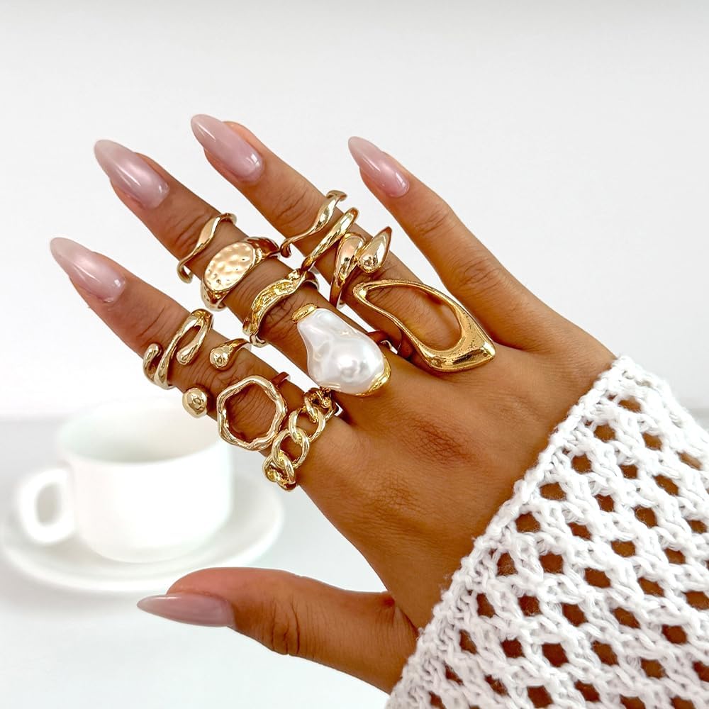 Chunky Stackable Finger Rings for Women Pearl Hollow Statement Knuckle Rings Set Irregular Liquid Metal Open Ring Trendy Adjustable Accessories - Image 3