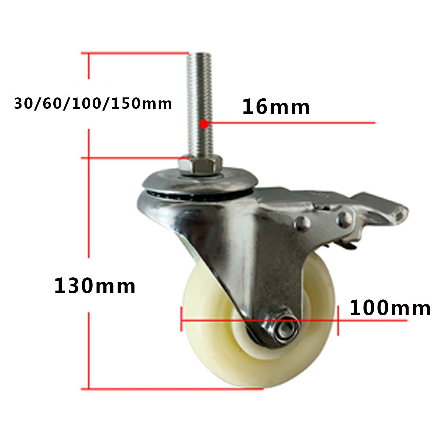 Ruedas giratorias de 100 mm con vástago y rodamiento M16*60/100 mm, Resistentes, con vástago roscado y Bloqueo, antidesgaste Industrial, para Muebles, Paquete de 4 (con Freno M16*60)