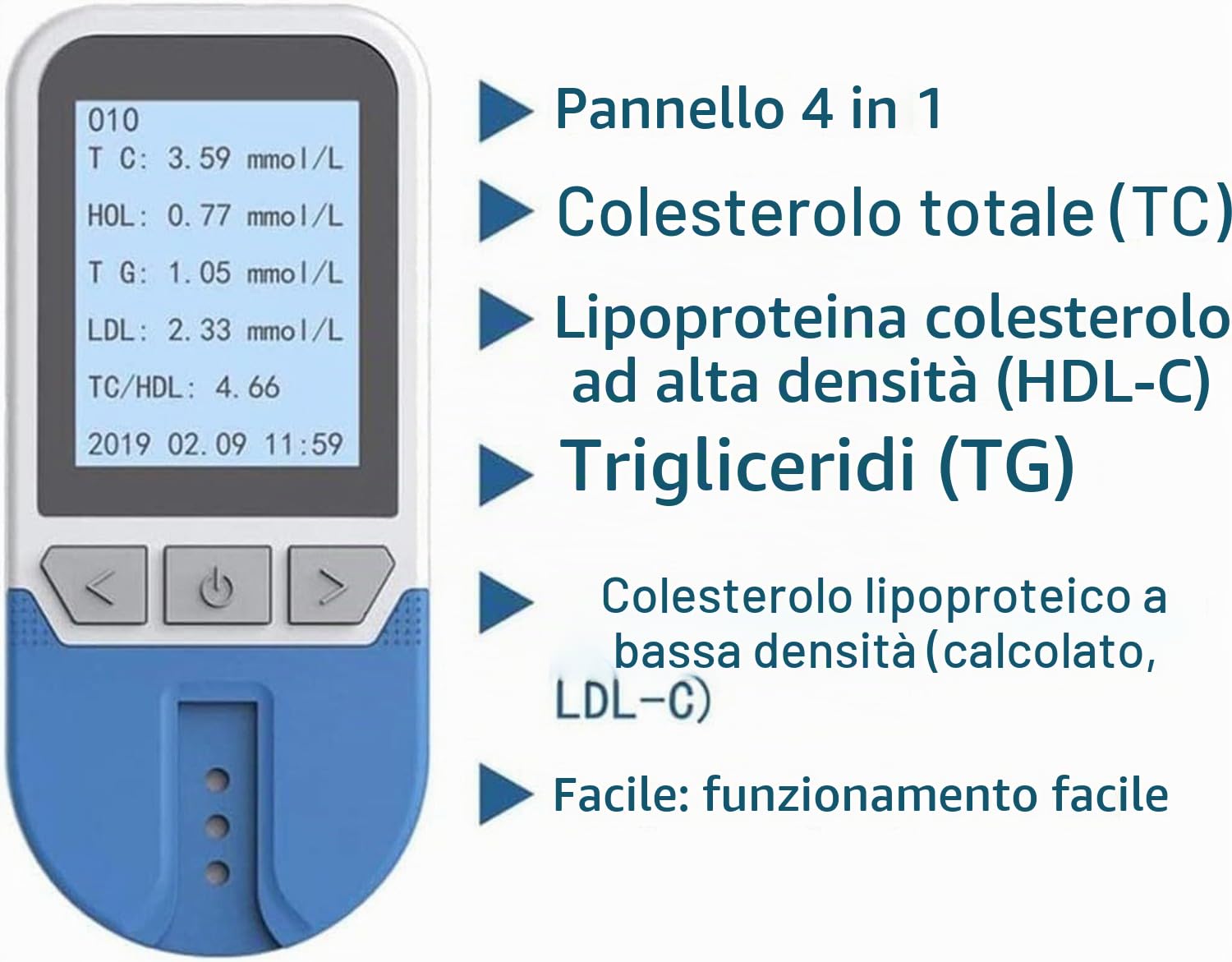 BLUEZY Tester del Colesterolo 4 in 1, Misuratore Colesterolo con 25 Strisce, Test Lipidico del Sangue Completamente Automatico per L'analisi di Colesterolo Totale, Trigliceridi, LDL, HDL A