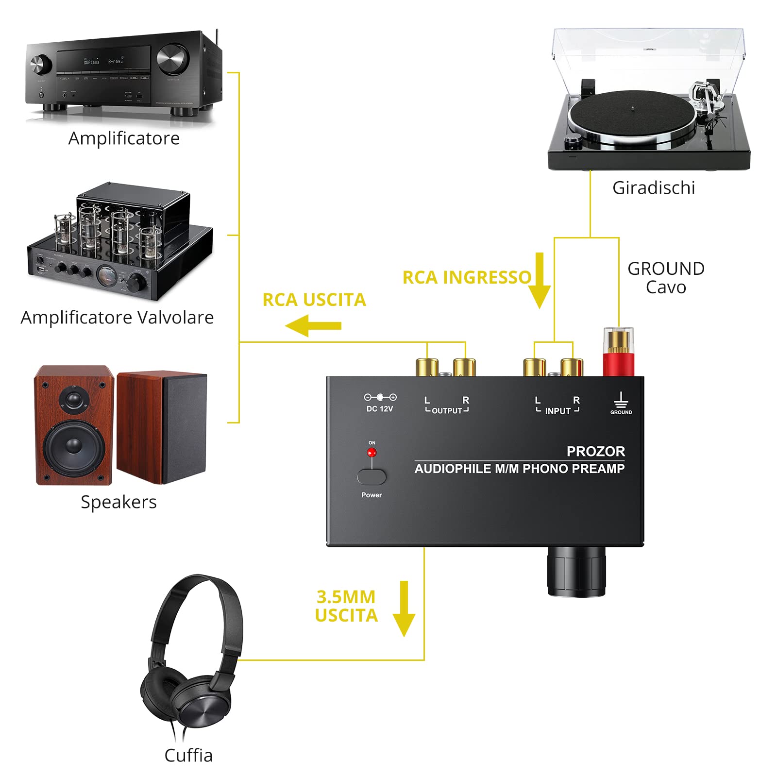 PROZOR Preamplificatore Phono Volume Regolabile Ingresso RCA Uscita RCA 1/4'' TRS PreAmp Audiophile Giradischi Nero