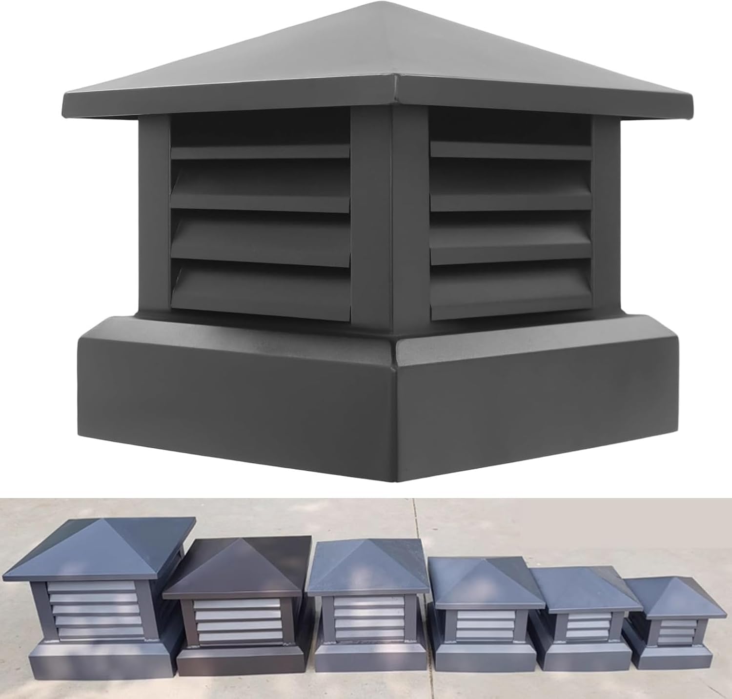 Square Aluminum Alloy Chimney Cap 10 12 14 16 18 20 24 26in Fireplace Chimney Caps with Tapered Top and Louvre Rainproof Rooftop Exhaust Vent Cap to Fit Existing Flue Tile(17.7in)