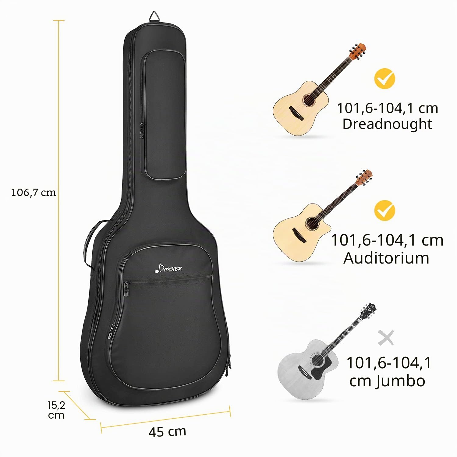 Donner - Funda de Guitarra acústica Suave con Esponja Acolchada de 12 mm, con Nailon Oxford 600D Resistente al Agua Interior no Tejido y Dos Bolsillos, Color Negro