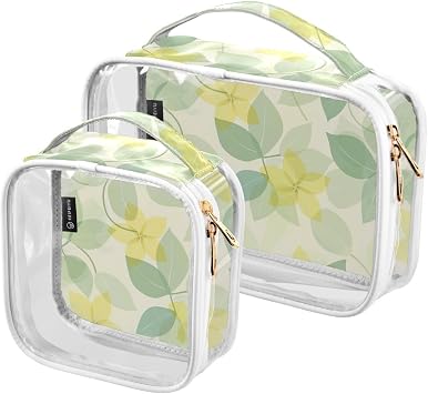 2 Pack Clear Decorative Toiletry Bag for Women TSA Approved Mild and Fresh Flower Lemon Yellow Light Green Multifunctional Cosmetic Bags for Women Travel Essential para maquillaje