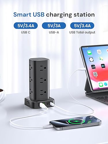Miniatura 6 de Regleta de alimentación de torre con protector de sobretensiones, 12 salidas de CA y 4 puertos USB (2 USB-C), cable de extensión de 6 pies, torre de