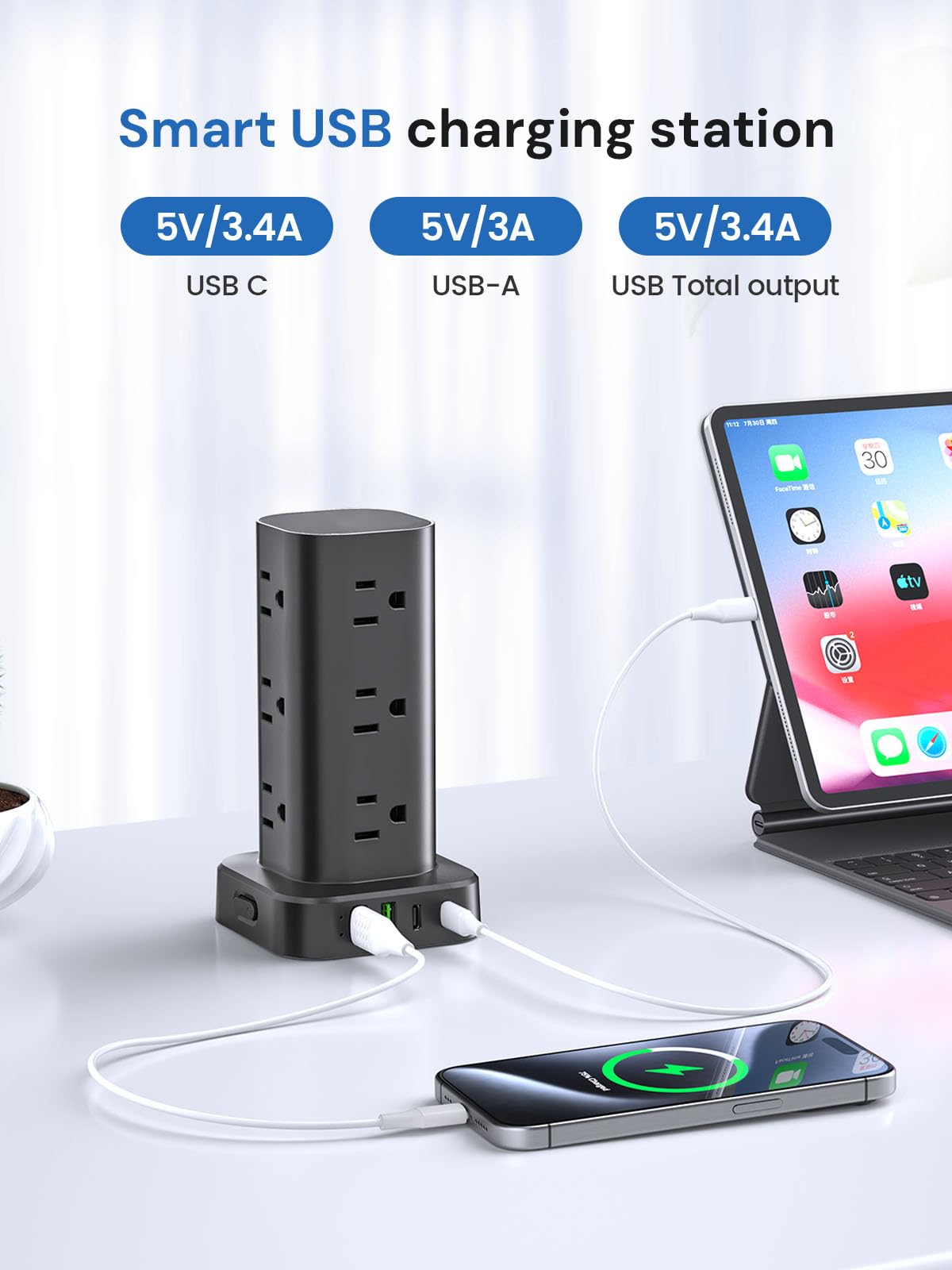 Tira de alimentación de torre con protector de sobretensión, 12 salidas de CA y 4 puertos USB (2 USB-C), cable de extensión de 6 pies, torre de estación de carga para hogar, oficina, recámara, viaje