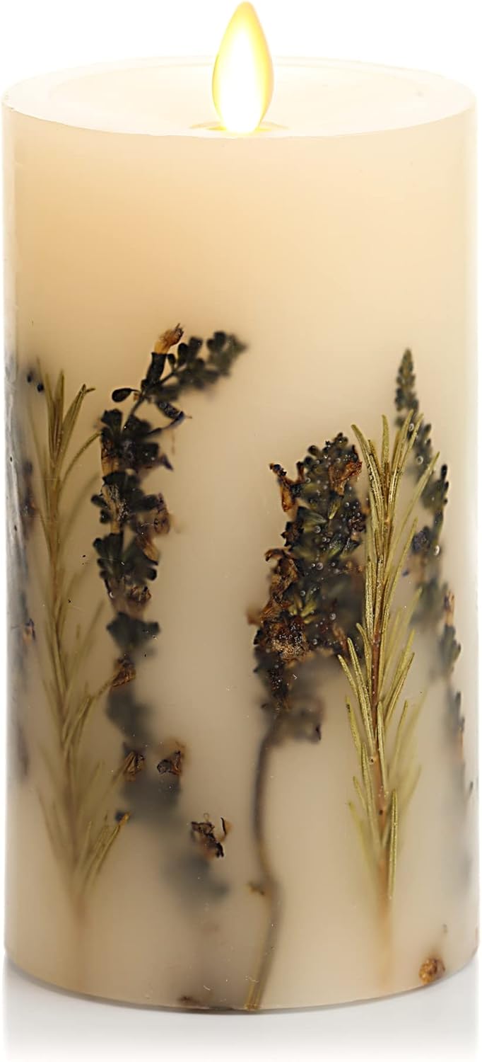 Luminara Realistic Artificial Moving Flame Pillar Candle with Lavender & Rosemary Inclusion - Moving Flame LED Battery Operated Lights - Remote Ready - Remote Sold Separately - 3.25" x 6.5"